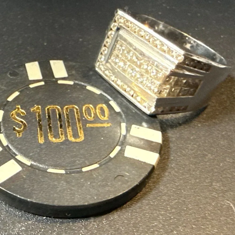 14K Yellow Gold Diamond 1.80ct Men's Dome Ring Size 9 with $100 Poker Chip